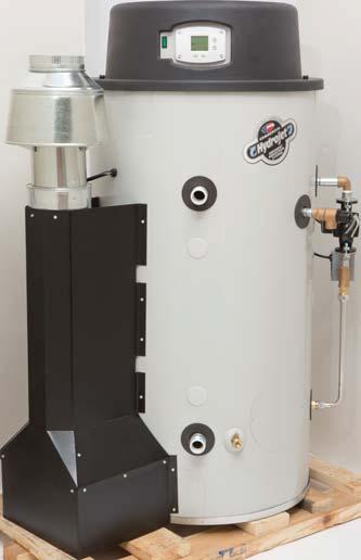 These water heaters utilize a down-fired burner and multiple flue tubes to achieve high thermal efficiency and a new exhaust configuration to allow atmospheric venting.