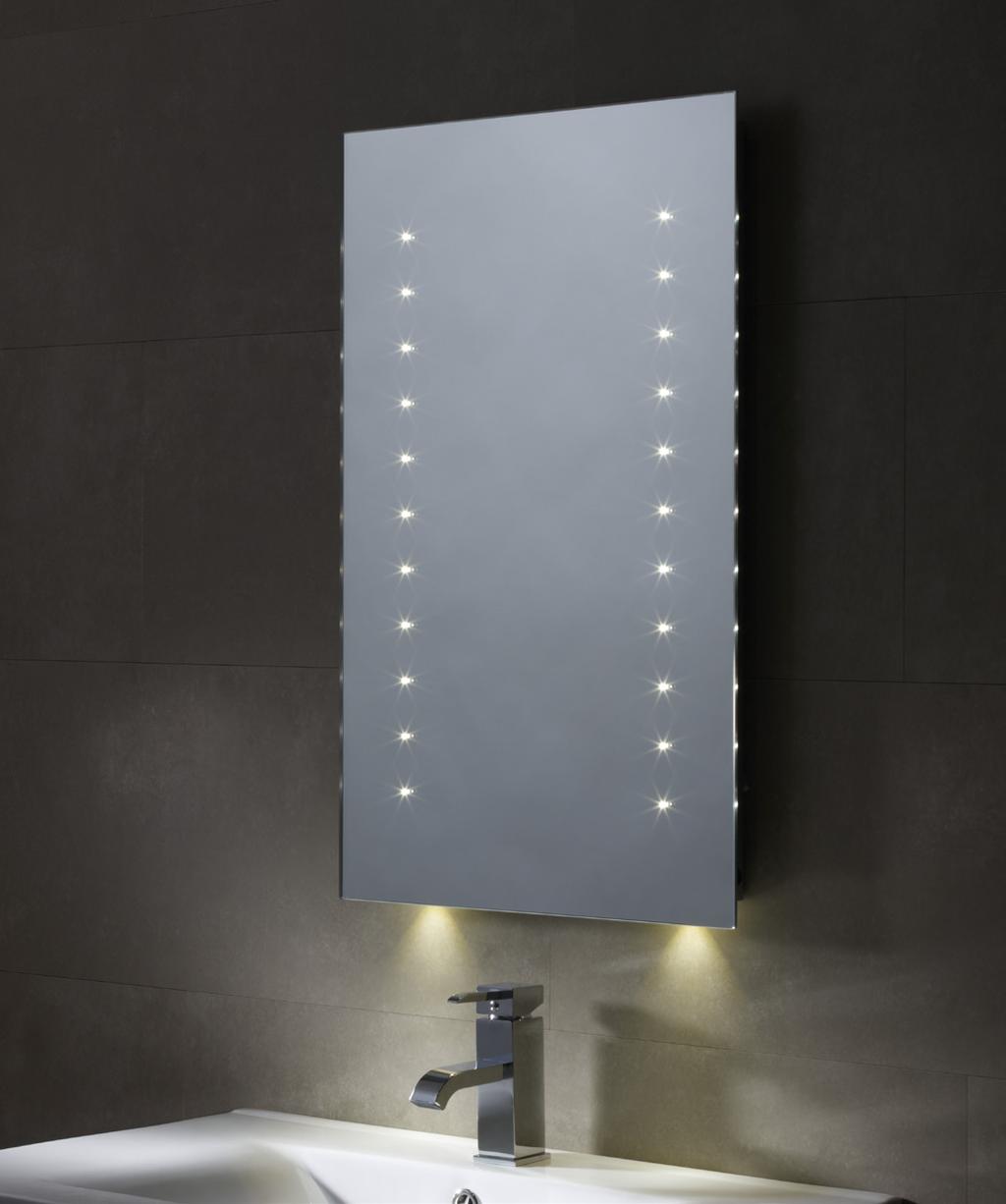 ILLUMINATED MIRRORS Refraction LED Illuminated Mirror 530(w) x 730(h) x 40(d)mm Features: Ambient lighting, Heated demister pad, Infrared sensor, IP44, Can be hung portrait