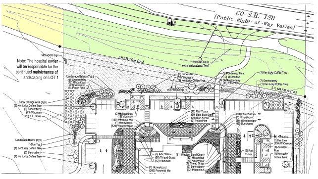 Colorado General Hospital SDP / URSP Page 14 Landscape Plans The landscape plans show the placement of 157 trees and 1,765 shrubs around the five-acre site along with various perennials and sod for