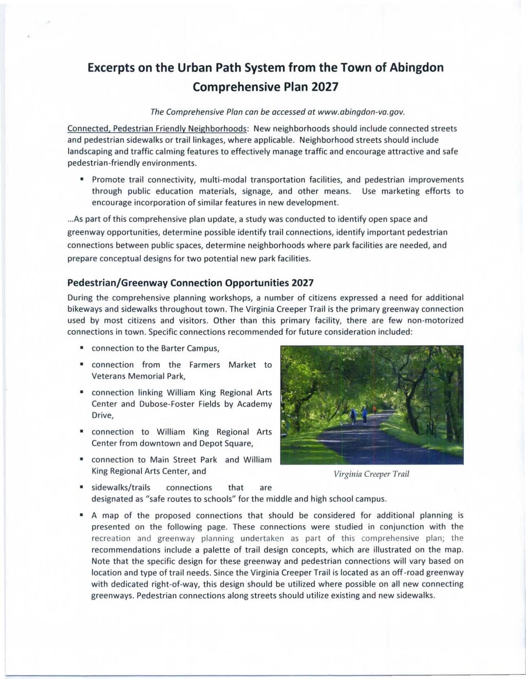 Excerpts on the Urban Path System from the Town of Abingdon Comprehensive Plan 2027 The Comprehensive Plan can be accessed at www.abingdon-va.gov. Connected.