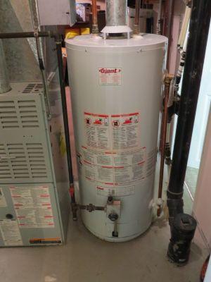 Water Heater 1. Hot Water Tank Recommendation Manufacturer & Age: Giant natural gas 33gallon tank. Original installation. At the time of inspection the hot water tank functioned.
