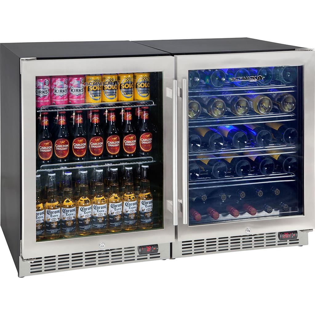 SK151-Combo $2497.00 Freight $241.50 Classy under counter indoor beer and wine matching combination glass door fridges.