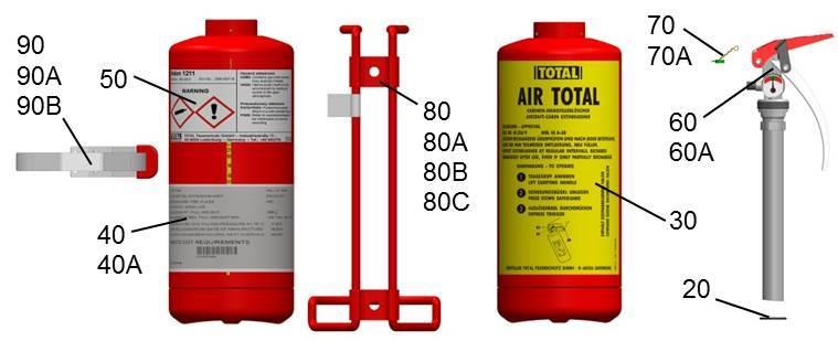 Item No. Part No. Ident No. Airlines part No. Description EFF- Code 10 74-00 821166 Extinguisher HAL 1 A 10A 74-20 821164 Extinguisher HAL 1.2 B 10A 74-21 821226 Extinguisher HAL 1.