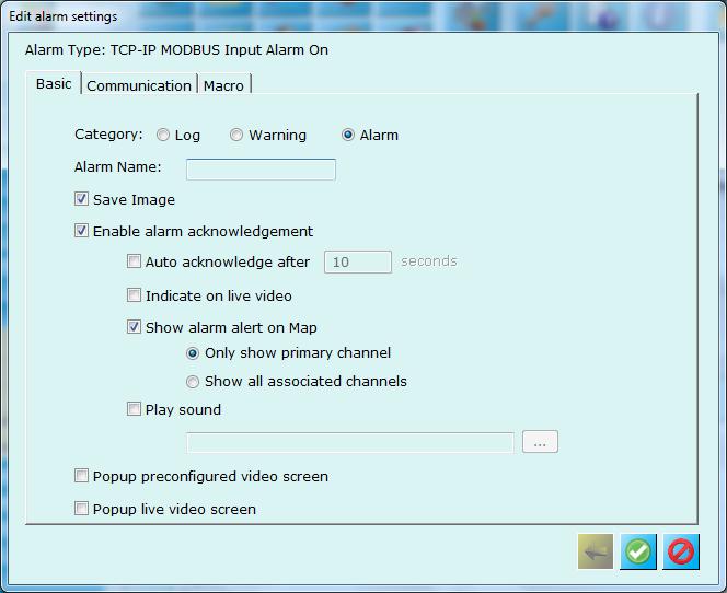 In the Basic section, you can configure Alarm Name, Alarm Category, Save Image, Alarm Acknowledgement and popup windows.