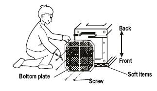 Install the bottom plate After opening the package, please lean the washing machine gently down on soft items like (towel cloth, blanket, etc.).