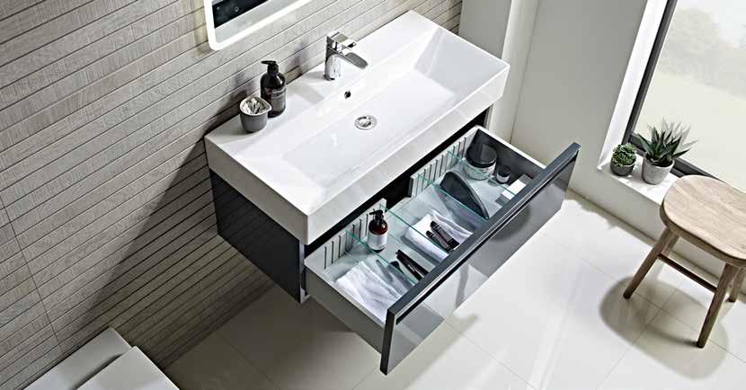 Available in three sizes and three modern painted finishes of clay, white and light grey and featuring soft close drawers with an internal