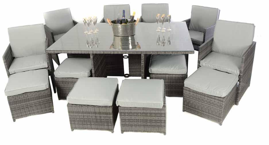 guarantee * 1 1: Kensington Club 9 Piece Cube Set with Footstools Includes: 1 x 125cm Square Glass Top Dining