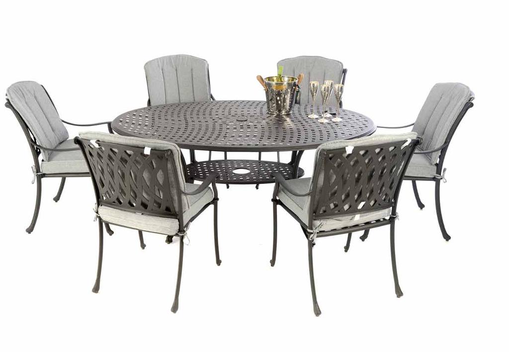 Rectangular Dining Table, x Venetian Cast Aluminium Dining Armchairs  : Outside Edge 6 Chair Boat Shaped Dining Set 1 x 167cm Boat Shaped Cast