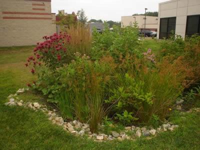 area to allow the water to be filtered by the grass and soak into the ground. A healthy lawn typically can absorb the first one to two inches of stormwater runoff from a rooftop.