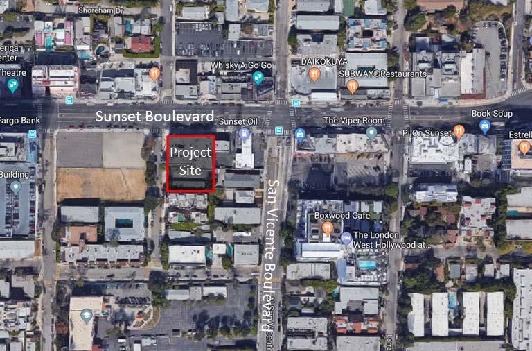 Vicinity Map of Project Site (red outline) and Surrounding Area North: South: East: West: To the north of the site, north of Sunset Boulevard, is a mix of commercial uses in low-rise buildings.