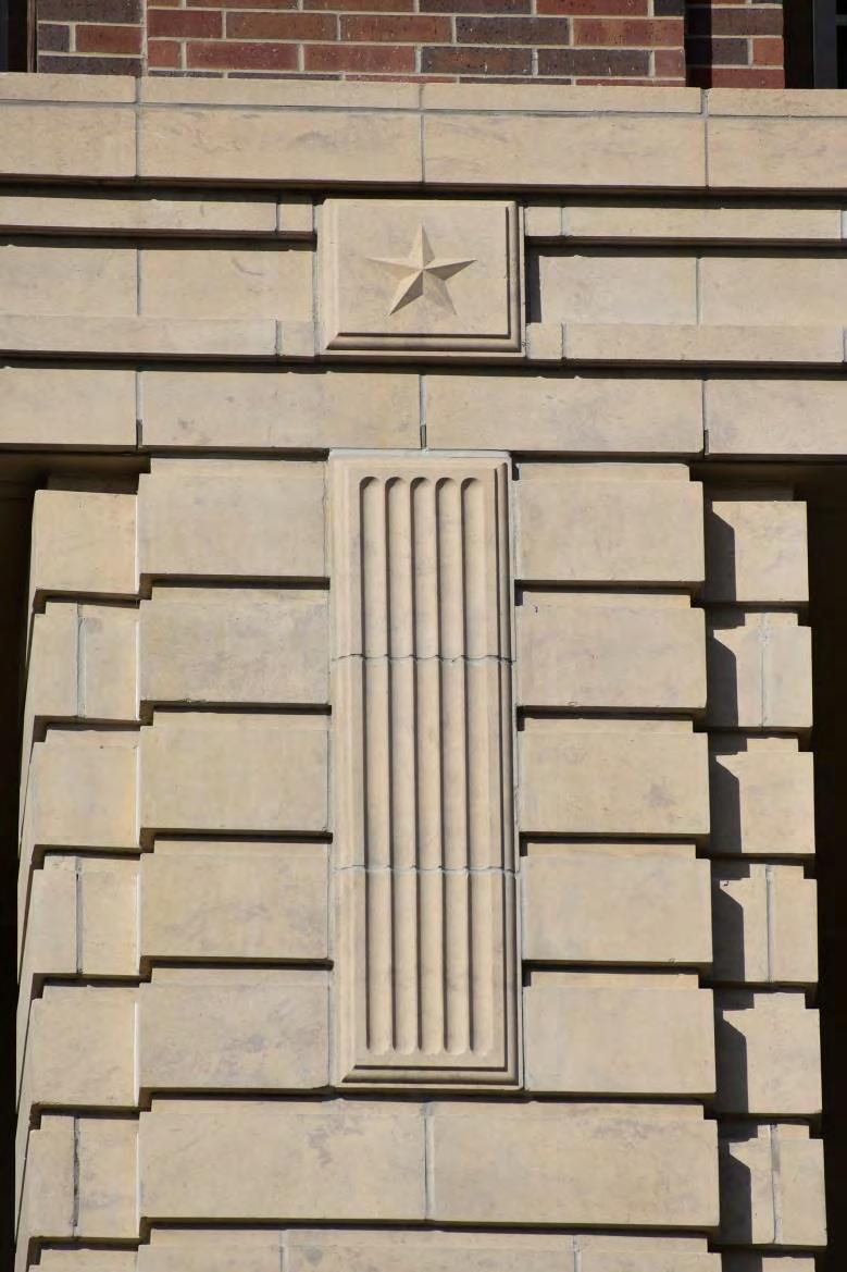 reminiscent of masonry aspects of the Art Deco style.