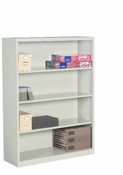 sturdy metal bookshelves are available in a range of heights from 28 to 79. Shelves are adjustable for customized storage.