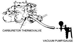 Fig. 12: A hand vacuum pump is used to test the carburetor thermovalve 3. Reconnect the vacuum hose to the carburetor thermovalve.