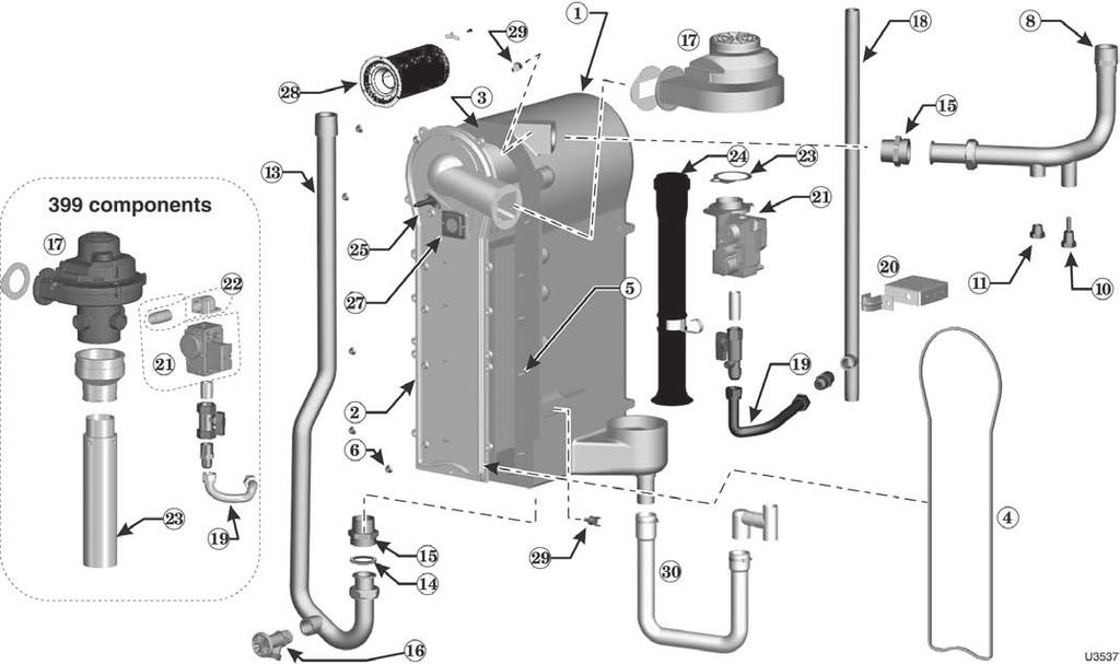 Figure 123 Heat exchanger and piping Ultra-299 & -399 1 Heat exchanger replacement kit - Heat 299/399 383-500-623 exchanger, cover plate, burner, electrode, water sensors, compression fittings,