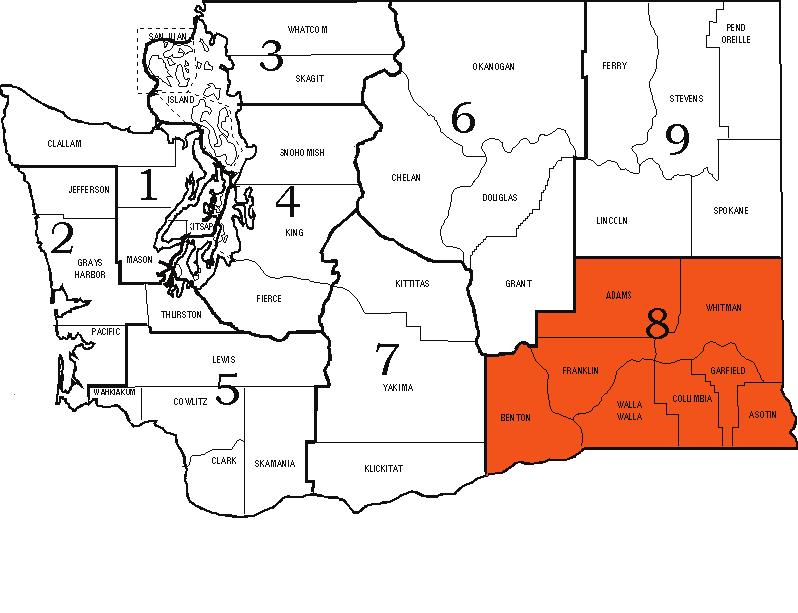 Region 8 Adams, Asotin, Benton, Columbia, Garfield, Franklin, Walla Walla, and Whitman counties are part of Region 8.
