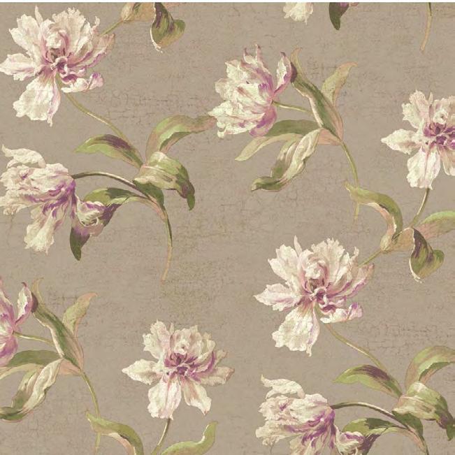 DELIA Like a plaster wall in an aged edifice, this slightly textured wallpaper exhibits a contrasting faux crackled surface on a medley of hazy waxing and waning hues.