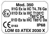 ATEX product labeling All ATEX certified products must lead an identifying label, reporting to the user the type of certification or certifications you have, the CE marking with the number of the