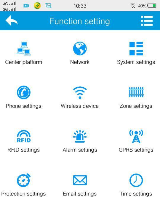 Includes: center platform, network, system setting, phone setting, wireless device, zone setting, RFID settings, alarm settings.