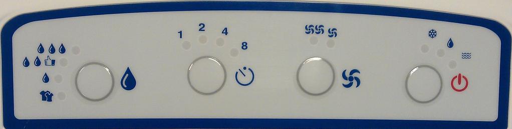THE CONTROL PANEL - Turns the dehumidifier on and off. When the dehumidifier is turned on the Drying light is illuminated and the dehumidifier starts in High fan and Laundry modes.