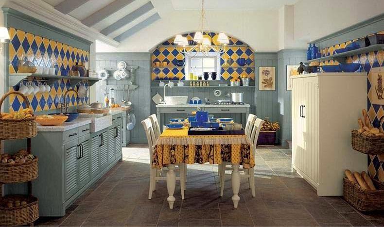 The yellow and blue primary accent colors in this English style, open concept kitchen,