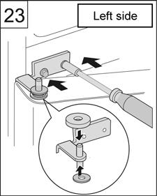 Replace the Levelling Leg Right with the Lower Hinge and the Levelling Leg Left. Then raise the appliance. 22.