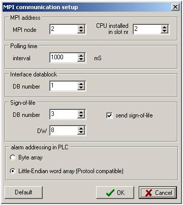 Configuring S7 Alarm Speaker MPI communication. Select MPI setup from Communication menu and set proper MPI communication parameters.