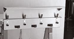 Four anti-slip mop holders have spring-loaded rubber cams that grip handles 7 8" to 1 1 4" dia. Holds mops 8" from wall. Three stainless steel rag hooks.