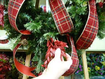 After cutting up the red leafy bush into individual stems, let s add them to our wreath! I m going to place a stem in the bottom of my wreath.