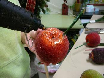 Now that we have firmly inserted our picks into the fruit, let s add the hot glue.