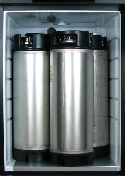 It can hold one Quarter Slim or up to two 5 Gallon Commercial Kegs, and up to three 5 Gallon Cornelius Home Brew Kegs, making it a very versatile