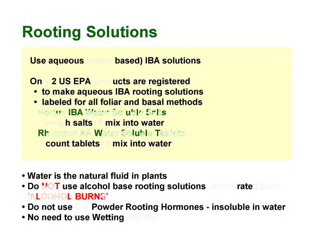Rooting Solutions Use aqueous (water based) IBA solutions Only 2 US EPA products are registered to make aqueous IBA rooting
