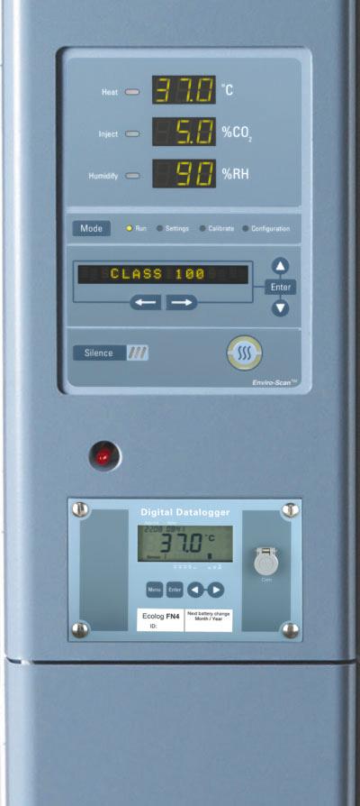 Heat Indicator and Temp Display Lights when heaters are on and displays the temperature Humidity Indicator and RH Display Lights when humidity is required, displays percent humidity Mode Select Run,