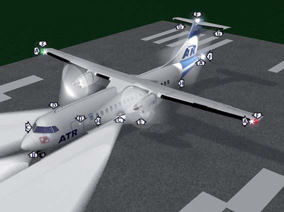 4. External lights ATA 33 A - Navigation lights B - Taxi and T/O lights C - Landing lights D - Wing lights E -