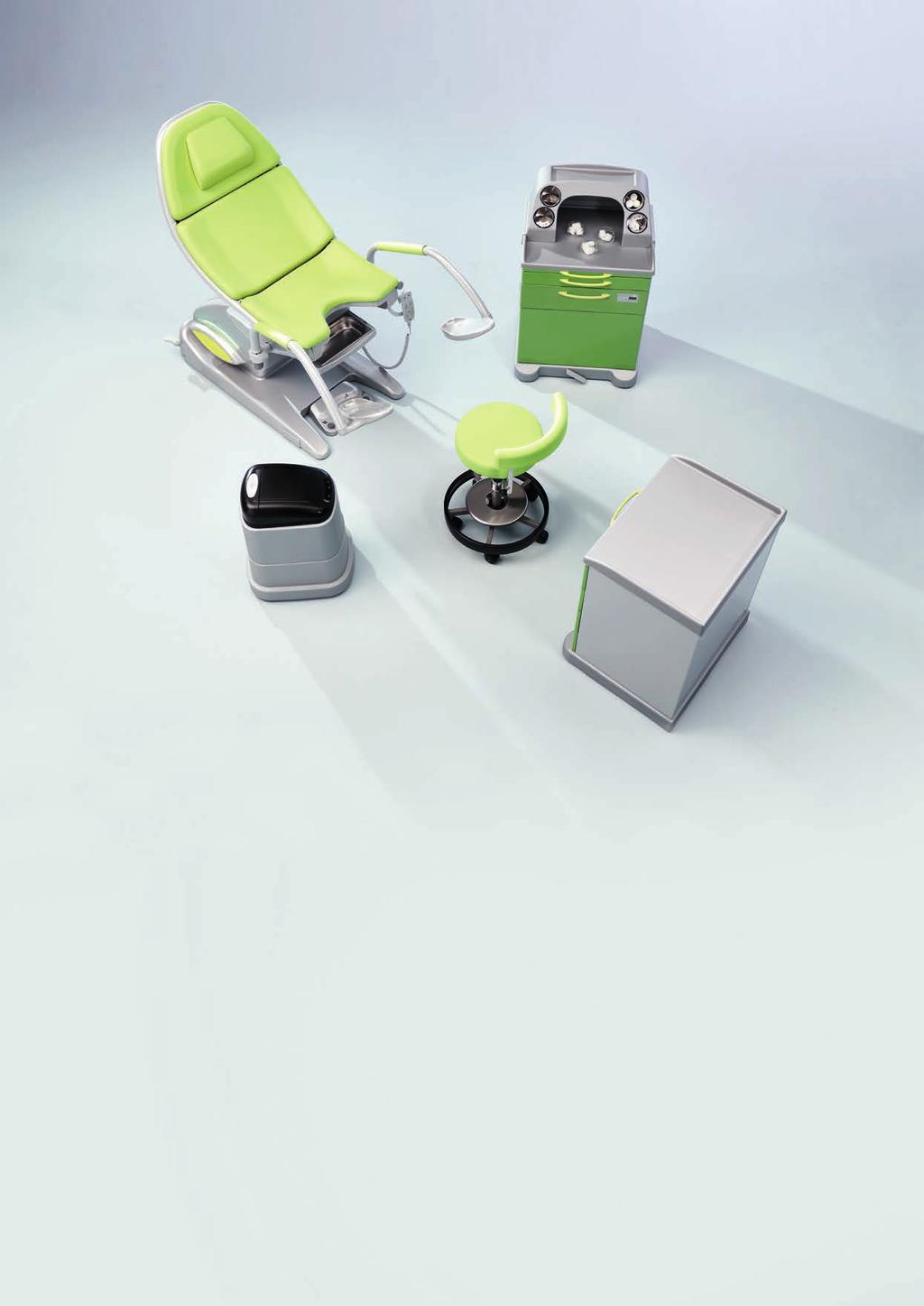 1580 Design example Illustrated colours: arco: Upholstery lime 99 Plastic enamel coating white aluminium RAL 9006 Plastic elements silver grey Examination seat: Upholstery lime 99 Orbit: Cabinet