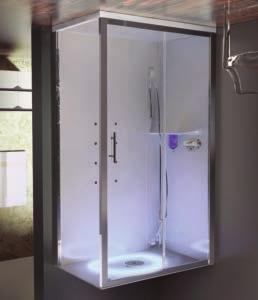 Shower Enclosures and Trays Oberon Steam Cubicle sliding door & fixed panel White satin and chrome finish 6mm clear glass Shower tray Waste included Tray height Overall height Left Right 1000 x
