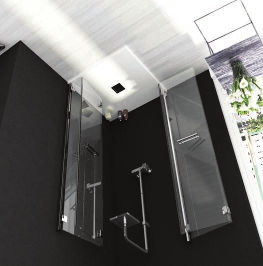 Wet Rooms Order one left & one right hand to create a corner or inline enclosure 6mm clear toughened safety glass Chrome finish Suitable for in-line and corner installations Unique spring handles