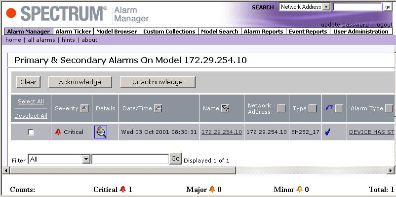 Using the Primary and Secondary Alarms View Viewing primary and secondary alarms on a model (Figure 8) allows you to see all the alarms on that model rather than just the most severe alarms on the