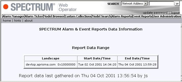 Using the Database Information List On the Navigational Links menu, select Data Info to access the SPECTRUM Alarms & Event Reports Data Information list, shown in Figure 37.