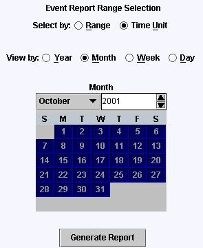 Using the Event Report Range Selection Calendar The Event Report Range Selection Calendar lets you select the time period of your report. To select a time period, refer to Figure 38.