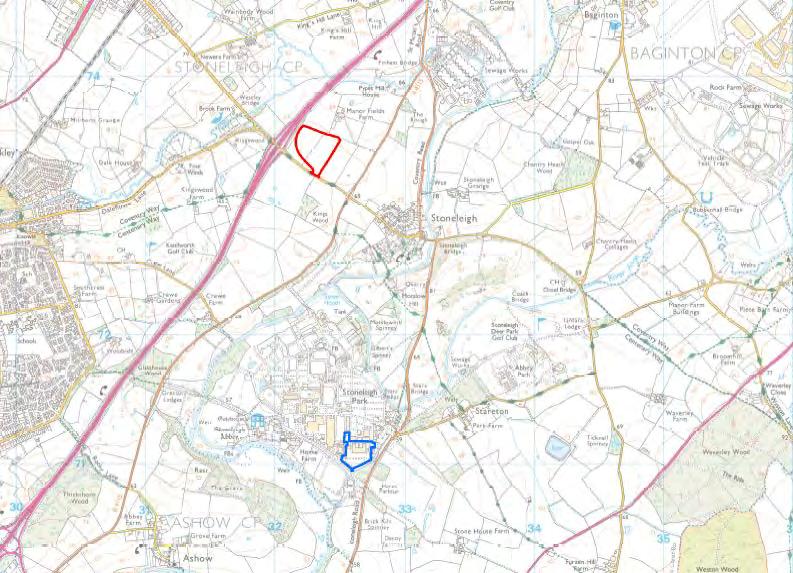 Figure 1: Site Location (red line shows the proposed RFM site location and the blue line shows the existing RFM within Stoneleigh Park) (not to scale) [ Crown copyright, All rights reserved.