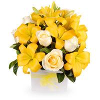Bouquet of Roses One Dozen Mixed bouquet of twelve mixed (pink, white, yellow, red) colour roses arranged in