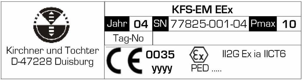 5 3. Identifying marking The complete device is marked on the indicator part with the rating plate reproduced below: CE 0035 xxxx CE symbol superscripted: notified body re explosion protection