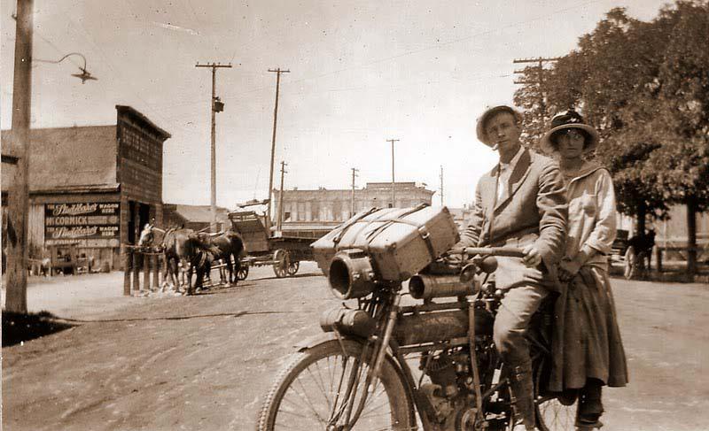 Will and Anna Riding escaping the valley heat in 1910. It was the first trip by a couple from Fresno to San Francisco on a motorcycle. She wore divided skirts, in order to straddle the bike.