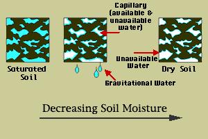 Saturation The soil moisture level at which all soil pore spaces are filled with water. This condition occurs when water is 1 st applied to the soil.