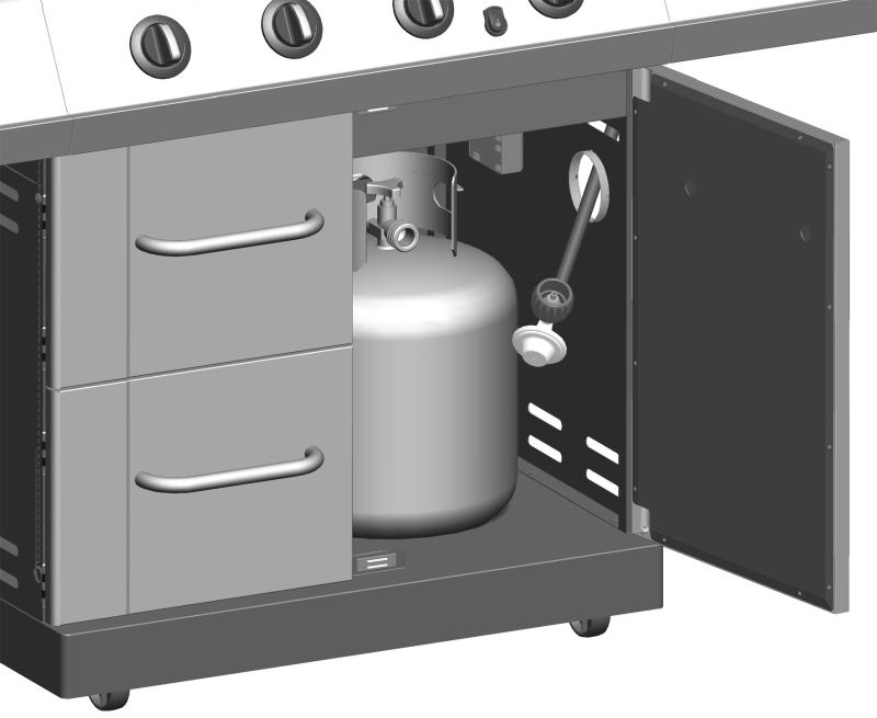 23 Place cooking grates onto firebox as shown. Insert wire ends at rear of warming rack into holes in back of firebox.
