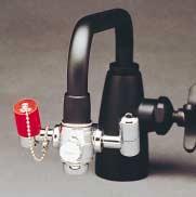 protect heads Accessory: Dust covers with chains (as shown) for attaching to unit Chrome plated forged brass diverter valve Pull knob to activate eye wash; water pressure holds eye wash in operation
