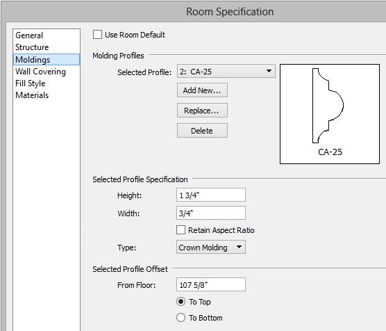 Applying Room Moldings Uncheck Default, and then click the Add New button. In the Select Library Object dialog, either search or browse to find a chair rail profile that you like.