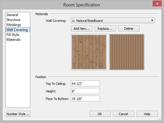 Applying Wall Coverings Click the Add New button to open the Select Library Object dialog. Select an appropriate material for your wall covering, and click OK.