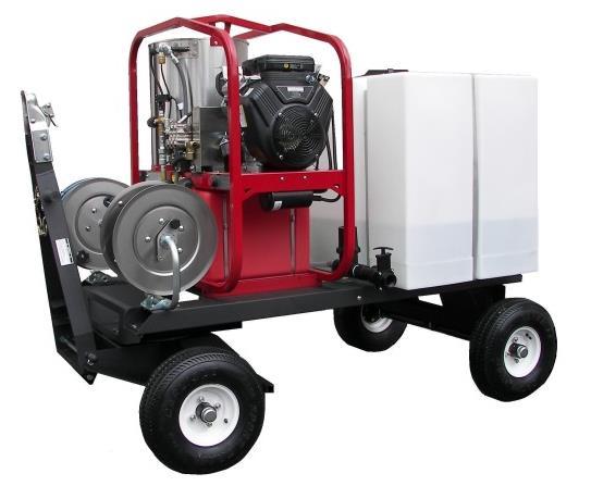 Stainless steel inlet & high pressure hose reels, includes 50 high pressure & 100 inlet hose Single axle trailer: 3700 # rated torsion axles for smooth ride Flip up locking wheeled jack Heavy duty