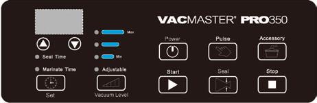FEATURES Control Panel of the VacMaster PRO350 1 2 3 4 5 6 7 8 9 10 5 1. Digital Display - Displays the function settings and progress of the working cycle. 2. Arrow Buttons - Press up or down to adjust the Vacuum Level, Seal Time and Marinate Time functions.